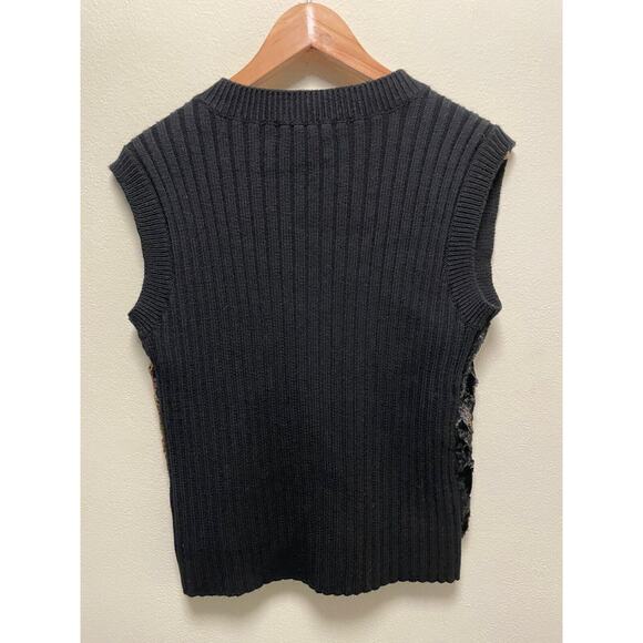 Vintage Womens Sweater Vest Medium Black Wool Blend Faux Fur Button Up Mob Wife - Picture 2 of 7